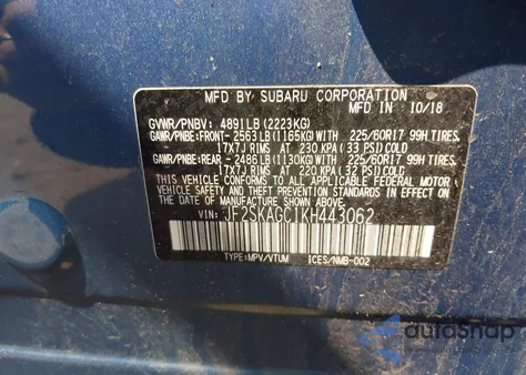 2019 Subaru Forester Premium из США, поврежденный, VIN JF2SKAGC1KH443062